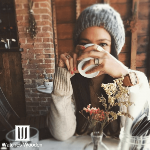 Model drinking coffee with a Wood Watch